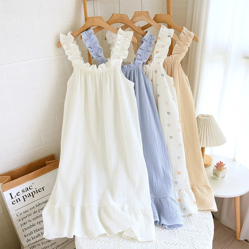 2026 new women's summer cotton yarn, pure cotton suspender sleepwear loose medium to long sweet and cute long skirt home wear