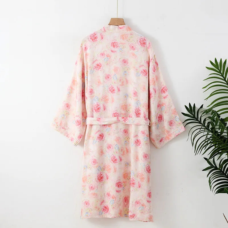 2026 New Spring/Summer Women's Sleeping Robe 100% Cotton Gauze Thin Bathrobe Large Loose Japanese Kimono Robe Home Clothing
