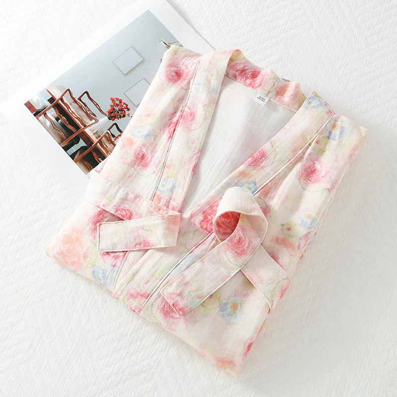 2026 New Spring/Summer Women's Sleeping Robe 100% Cotton Gauze Thin Bathrobe Large Loose Japanese Kimono Robe Home Clothing
