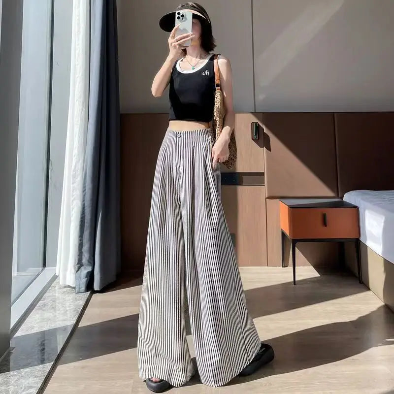 New 2026 Women's Summer High Waisted Pajama Pants with Lazy and Loose Fit Thin Casual Stripes Straight Leg Pants Look Slim