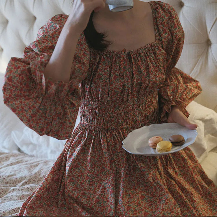 100% Pure Cotton Nightgown Women 2026 New Arrival Spring Summer Vintage Retro Floral Printing Lengthened Nightdress Loungewear