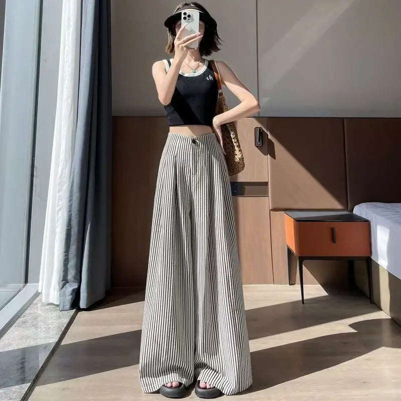 New 2026 Women's Summer High Waisted Pajama Pants with Lazy and Loose Fit Thin Casual Stripes Straight Leg Pants Look Slim