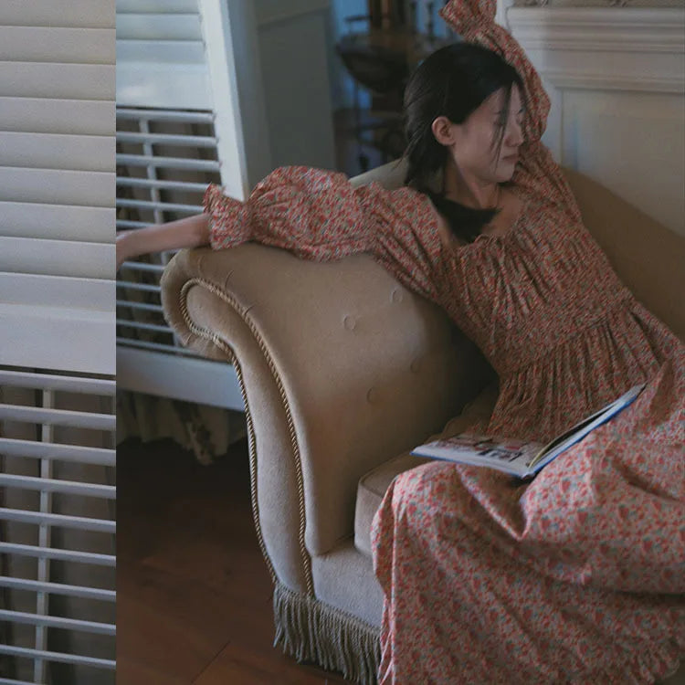 100% Pure Cotton Nightgown Women 2026 New Arrival Spring Summer Vintage Retro Floral Printing Lengthened Nightdress Loungewear